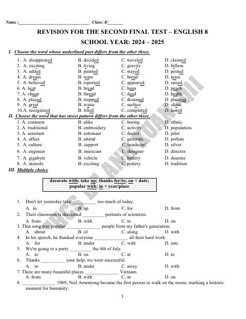 Đề cương ôn tập Học kì 2 Tiếng Anh 8 năm 2024–2025 trường THCS Lê Anh Xuân (TP Hồ Chí Minh)